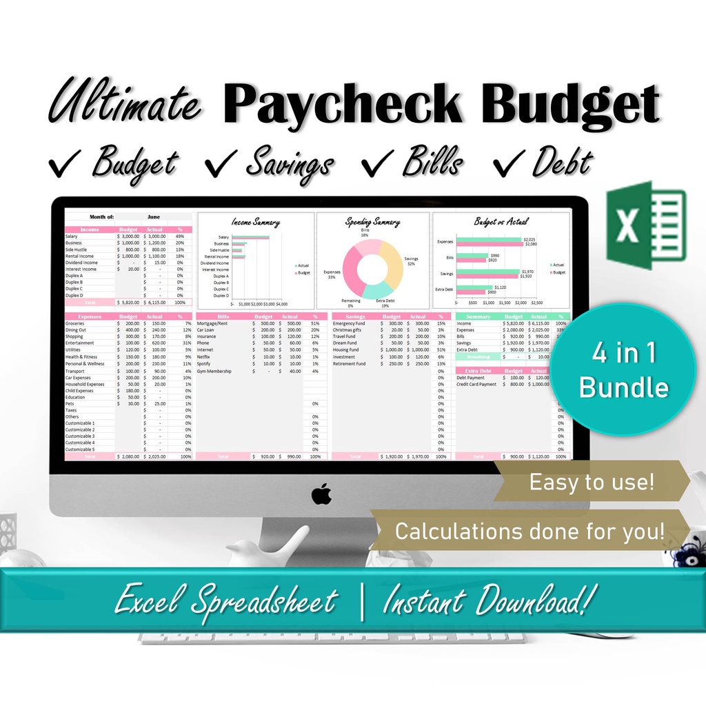 Ultimate Paycheck Budget Excel Spreadsheet, Monthly Biweekly Budget ...