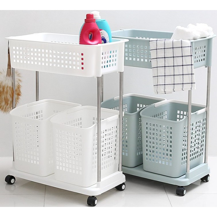 Modern Removable Moving 2Tiers laundry basket Set With Wheels Hand