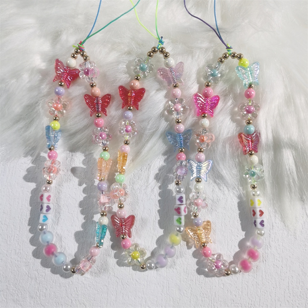 Colorful Butterfly Mobile Phone Chain Anti-Lost Soft Pottery Rope Strap Lanyard Pearl Acrylic Bead Colorful Cell Phone Case Hanging Cord