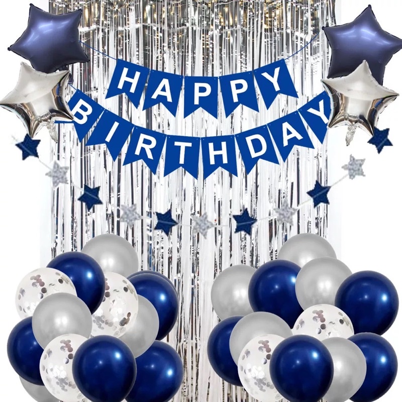 SG ready stock / Dark blue balloons set with silver foil curtain ...