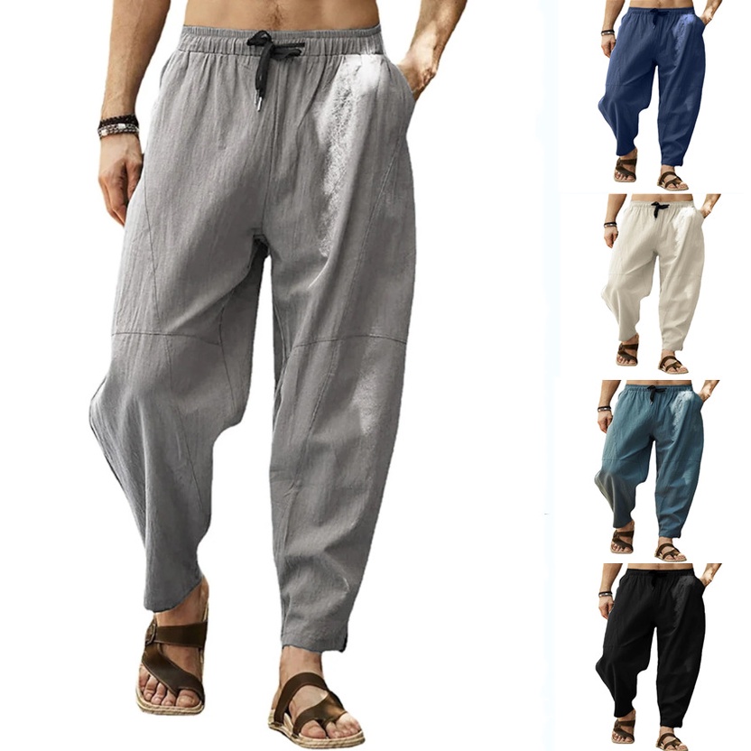 Men's Drawstring Cotton Linen Pants Solid Color Elastic Waist Relaxed-Fit  Casual Loose Beach Plus Size Trousers 