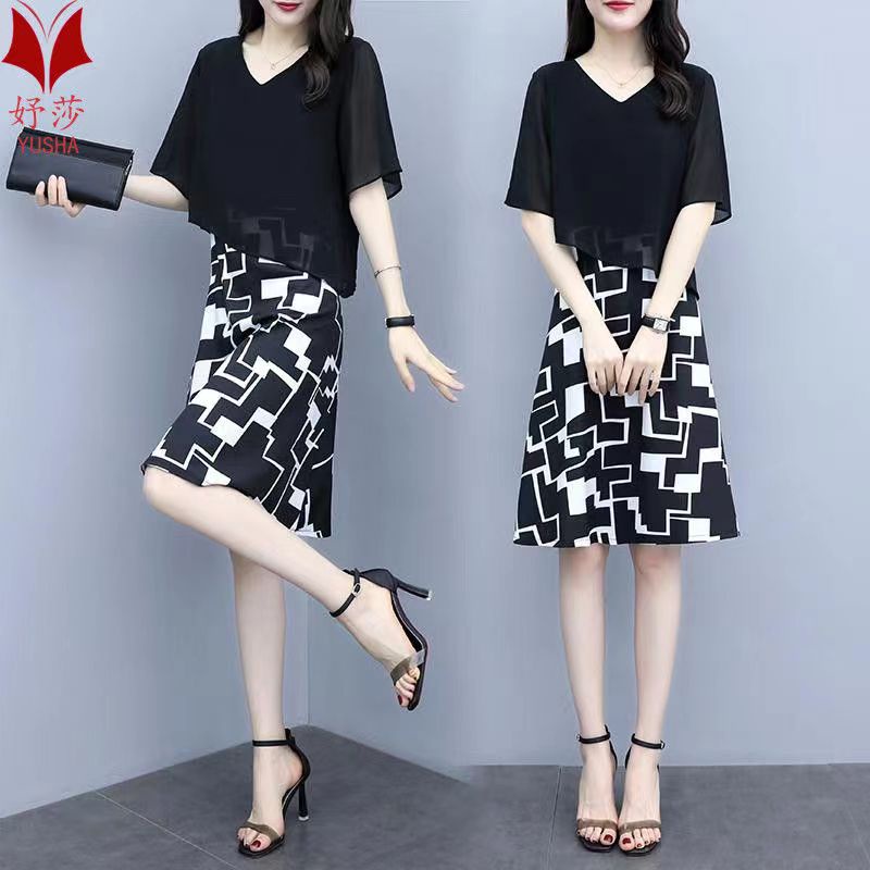 Plus Size Women's Clothing 200 Jin Chiffon Dress 2020 Summer New Style Fat Sister Western Loose Cover Belly Mid-Length