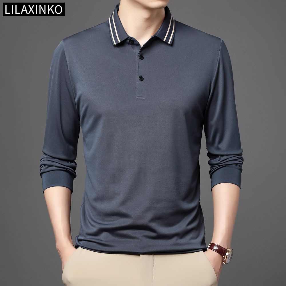 6 Color Polo Shirt Men Clothing Plain Basic Long Sleeves Lapel Collar T ...