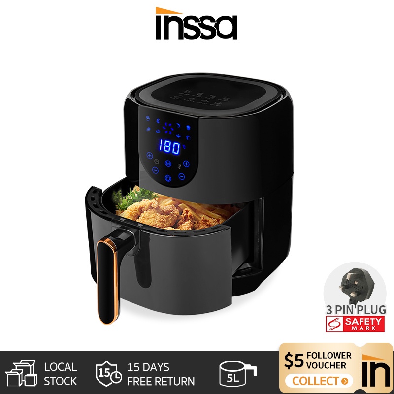 INSSA Air Fryer 5L Nonstick Detachable Basket 1300W Rapid Heater Oil ...