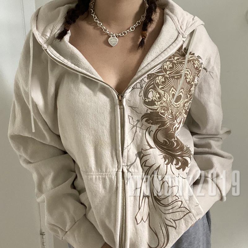 Mu Women Y2K Fairycore Vintage Cute Zip Up Hooded Print Jackets Coats Shopee Singapore