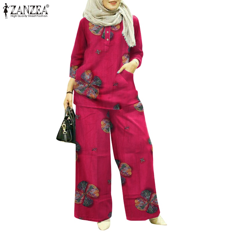 ZANZEA Women Summer Vintage Islamic Clothing Floral Print Pants Suits Fashion Muslim Sets