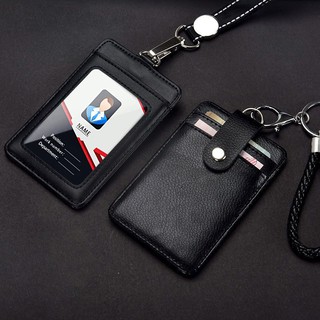 Black Premium Genuine Leather ID Badge Holder Lanyard Metal Chain