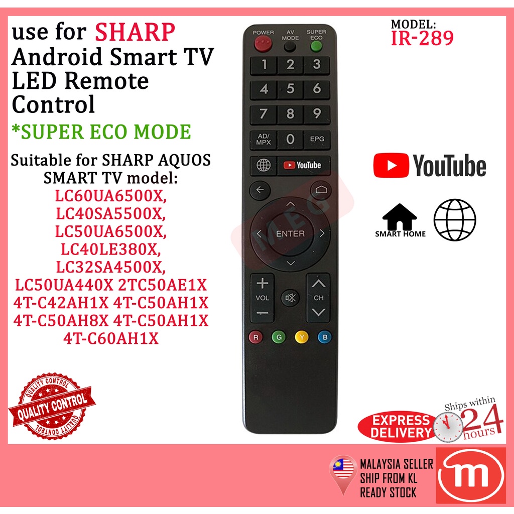 SHARP AQUOS SMART TV ANDROID TV REMOTE CONTROL REPLACEMENT with YOUTUBE  SUPER ECO MODE & BROWSER IR-289