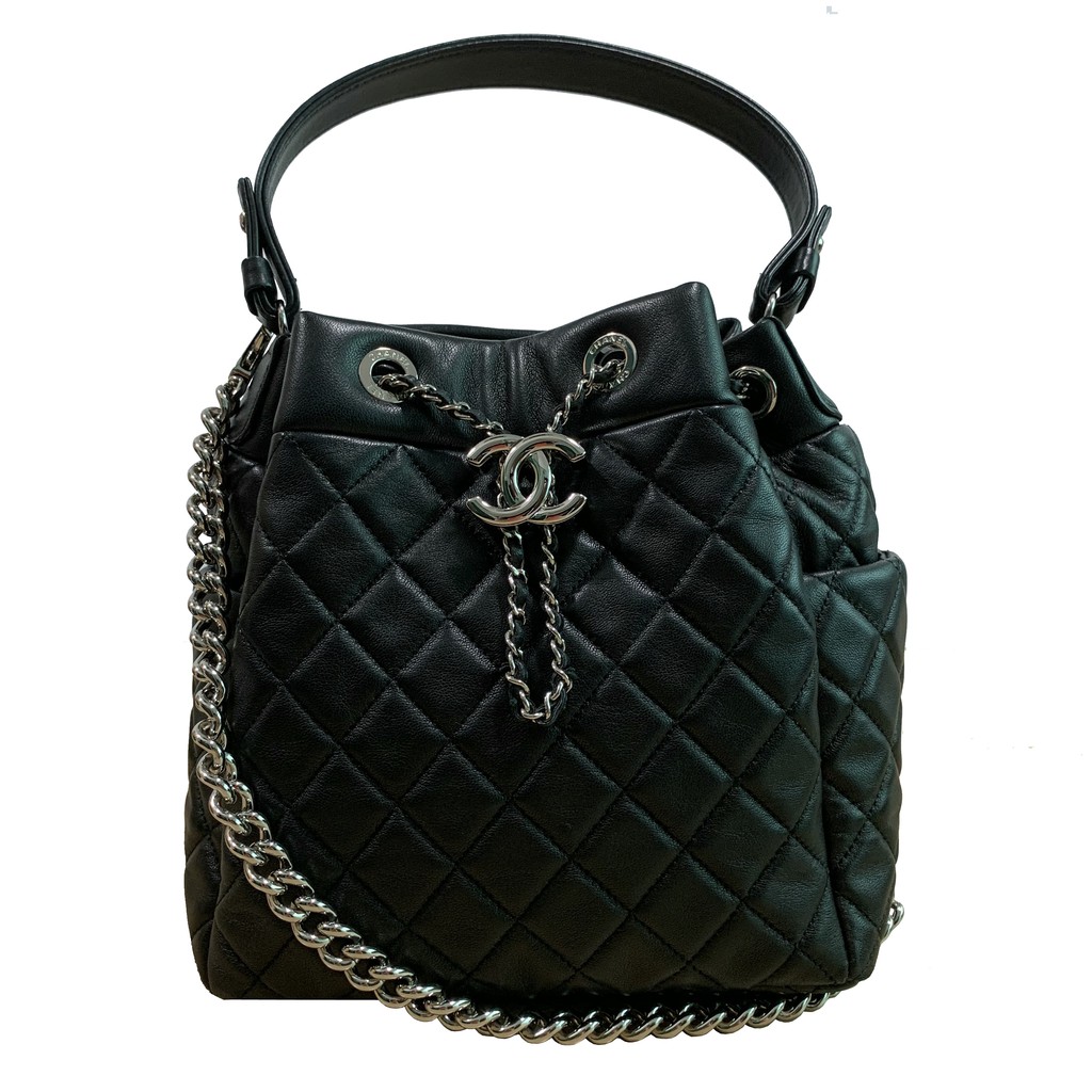 Chanel Quilted Lambskin Chain Drawstring Bucket Bag Black