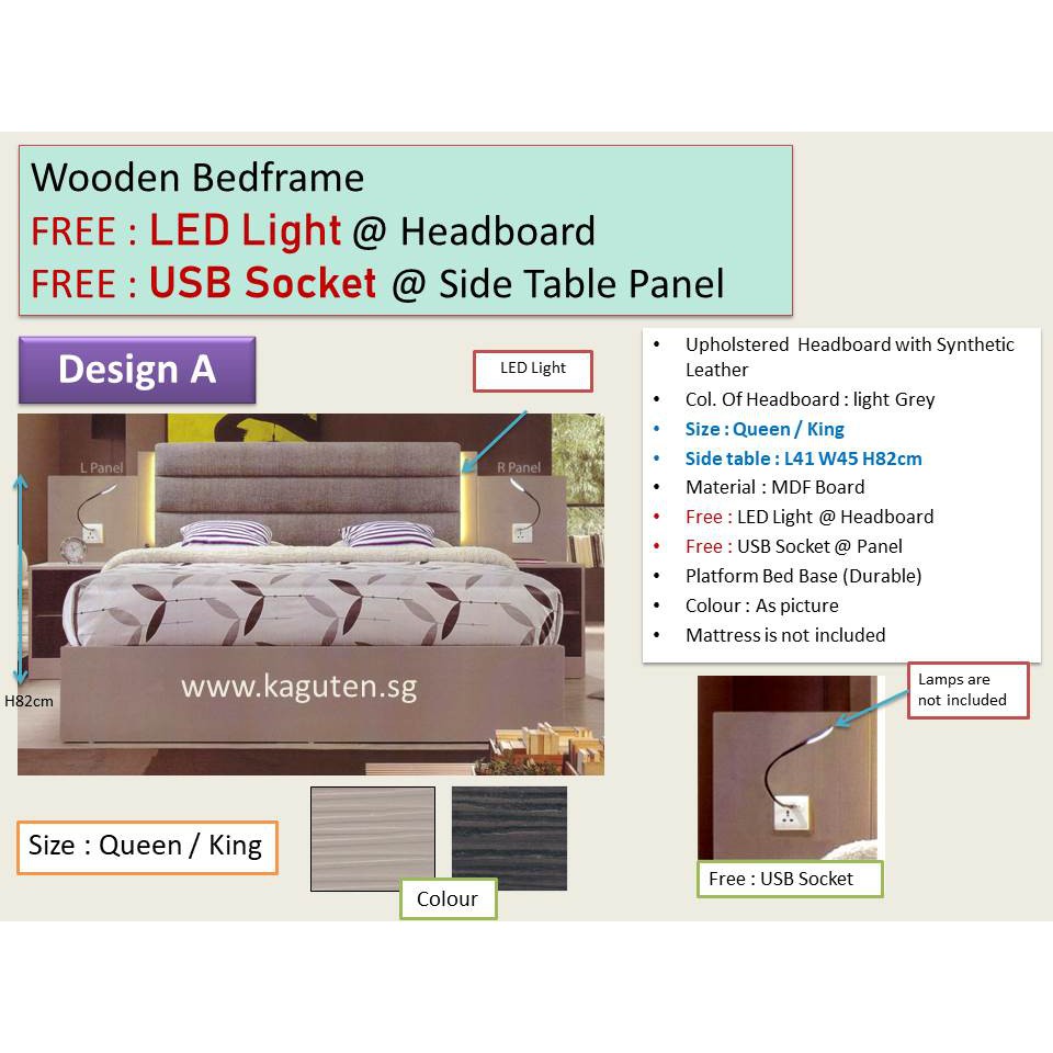 Wooden Queen Bed 5ft with LED Light Bedframe & USB Socket Side Table ...