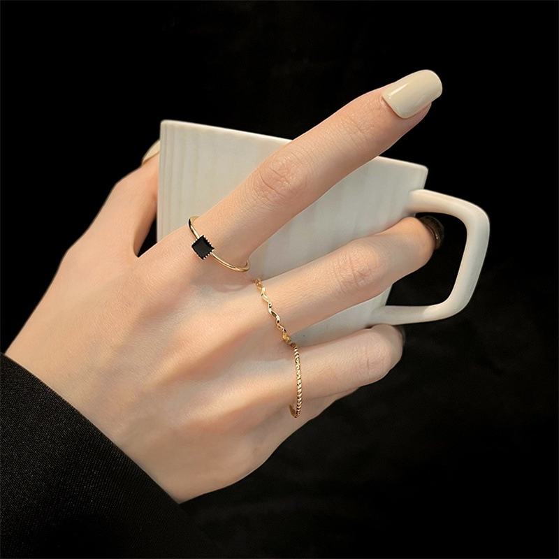 Korea Premium Simple Black Square 3 Piece Women's Ring Set Accessories ...