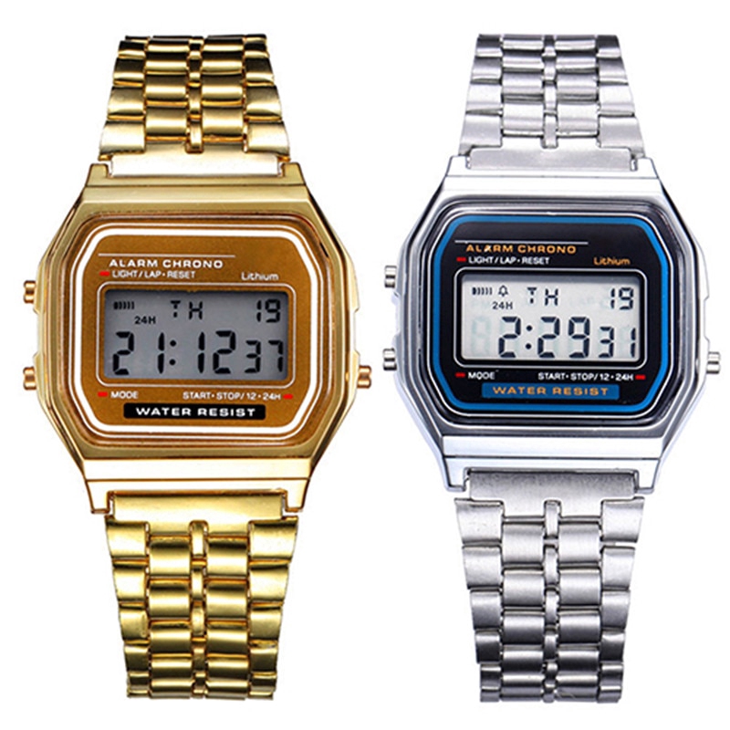 Women Men Unisex Watch Gold Silver Vintage Stainless Steel LED Sports ...