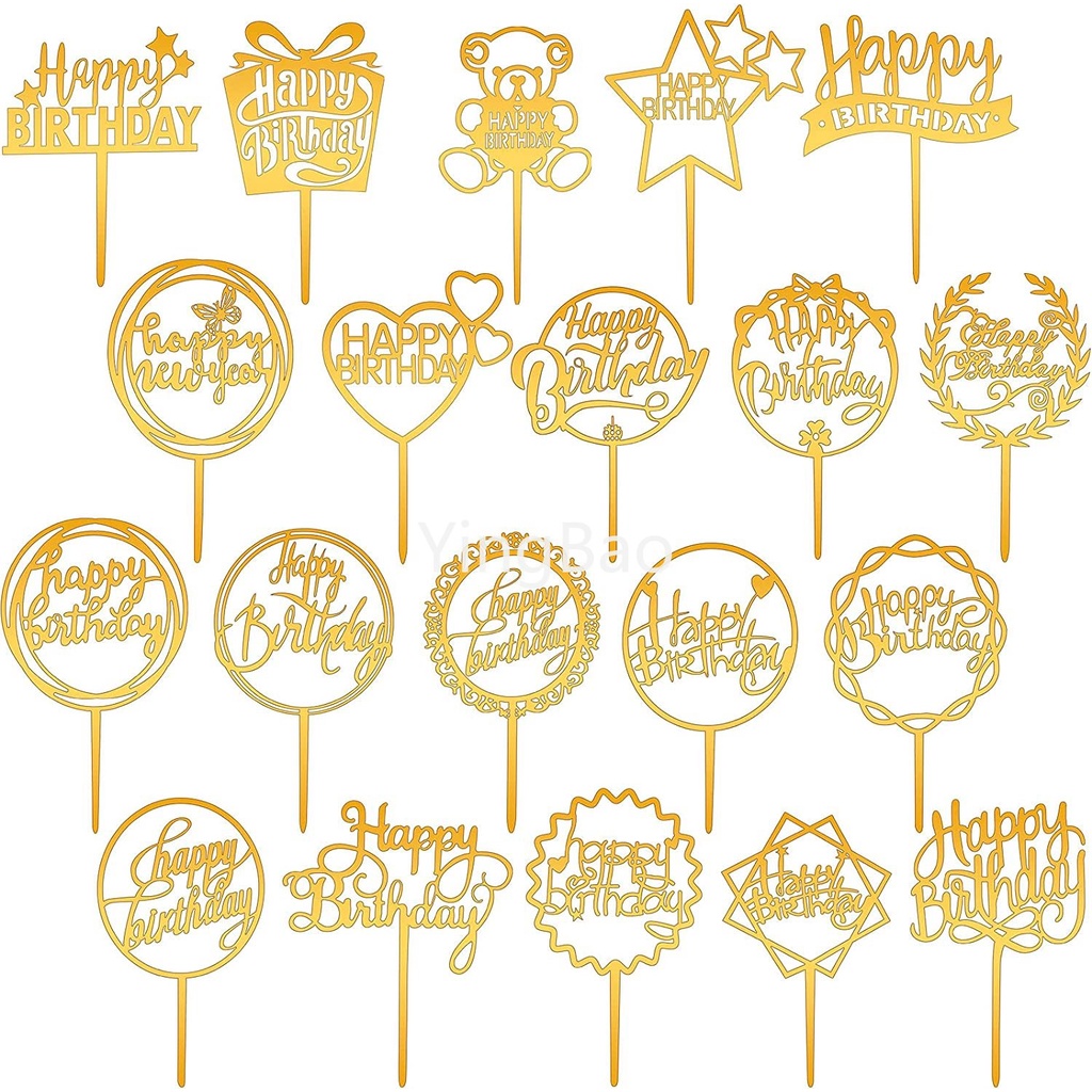 Ready Stock Gold Glitter Cake Topper Double-Sided Acrylic Happy ...