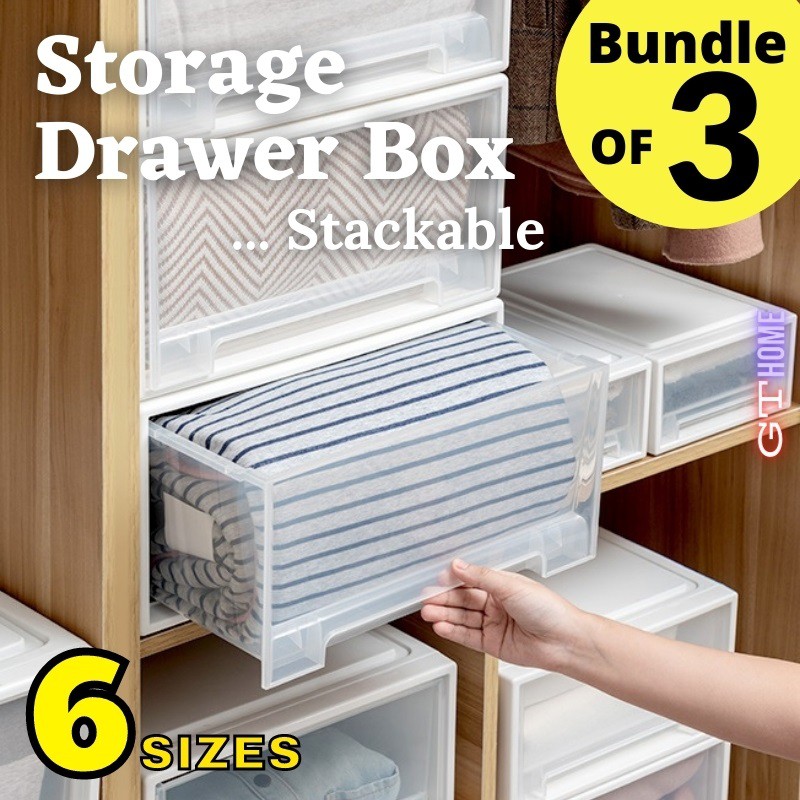 SG ready stock [Bundle of 3] Stackable Plastic Storage Drawer Box for
