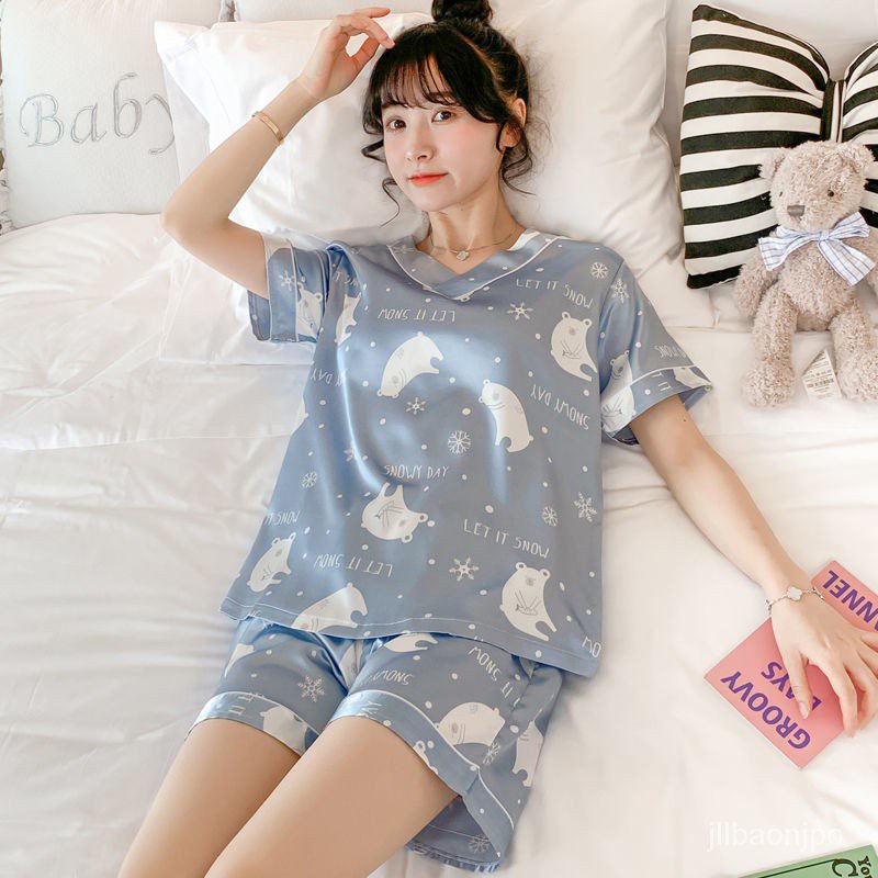 M-5XL large size ice silk pajamas women's short-sleeved thin silk-like home servM-5XL大码冰丝睡衣女套短袖薄款仿真丝天家居服套装seantan86.sg 5