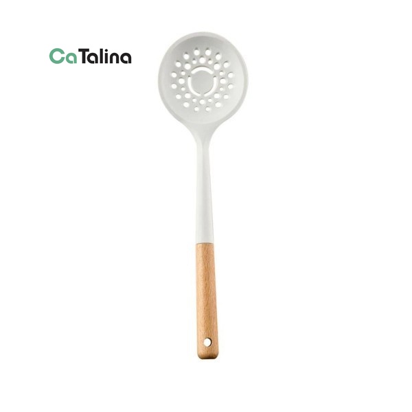 Spatula Sutil Irus Berlubang Silicone Handle Kayu Non-Stick Tahan Panas - Gambar 3