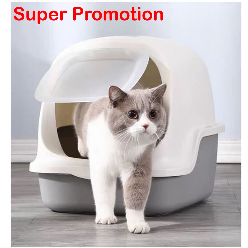 Full Enclosed Flip Cat Litter Box Grey w Odor Removal / Cat Closed