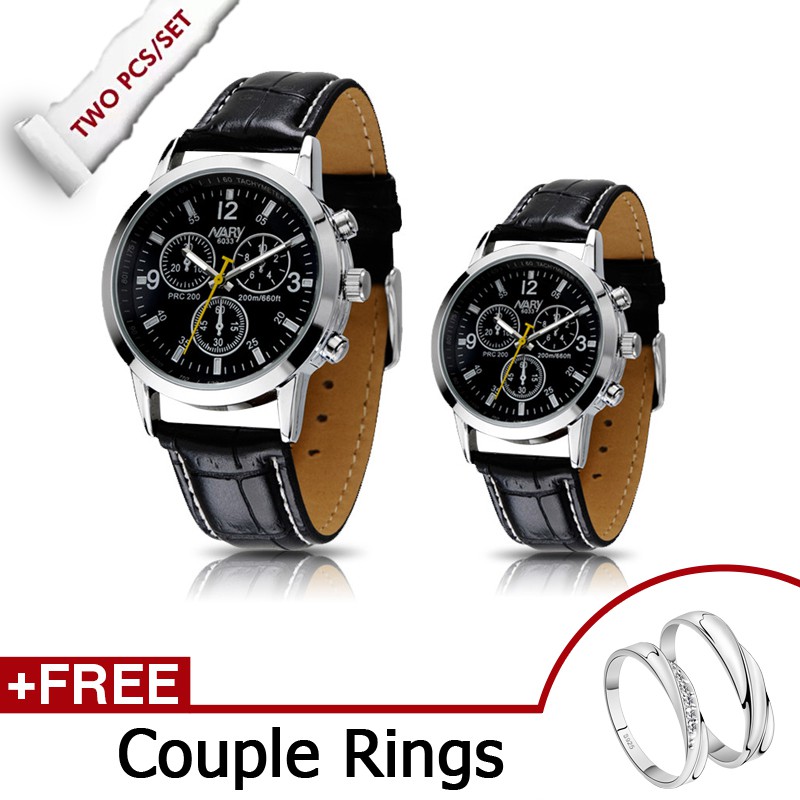 Free Couple Rings 2Pcs set NARY Couple Watches Leather Strap Waterproof Quartz Lover Wristwatches