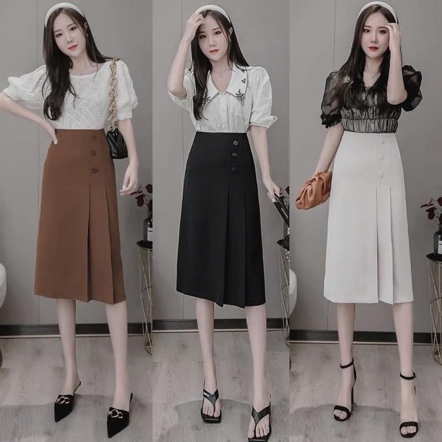 Office long skirt with buttons _ MJK001 | Shopee Singapore