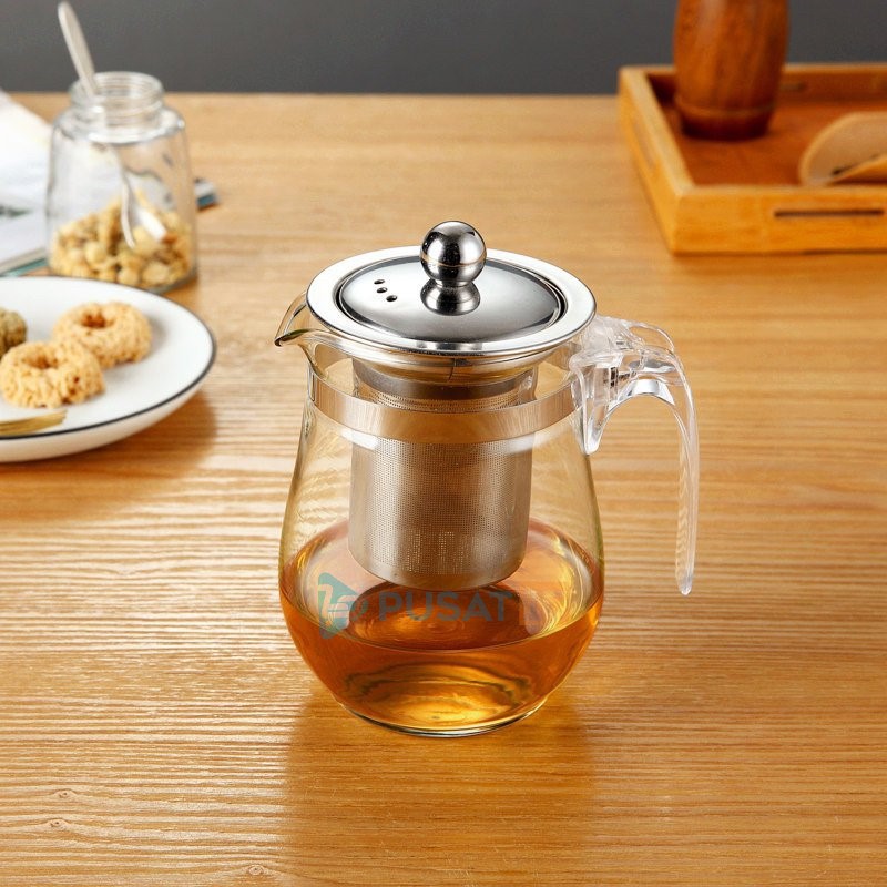 TEAPOT KACA 350ML C16 SARINGAN TEH STAINLESS TEKO TEAPOT GLASS / GELAS KECIL KACA TATAKAN BAMBU - Gambar 3