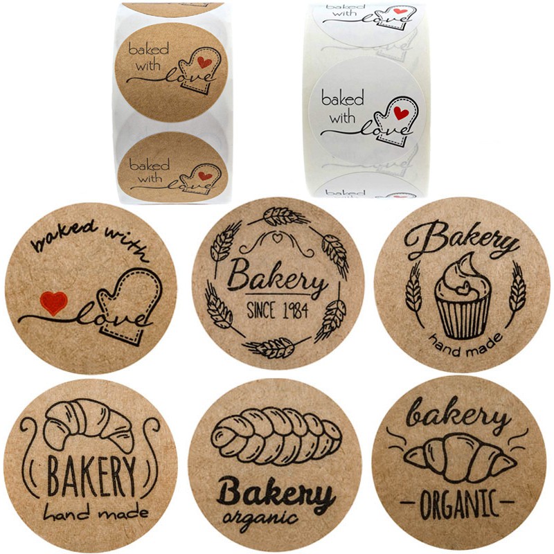 500 Natural Kraft Paper Round Baked with Love Stickers with Red Heart ...