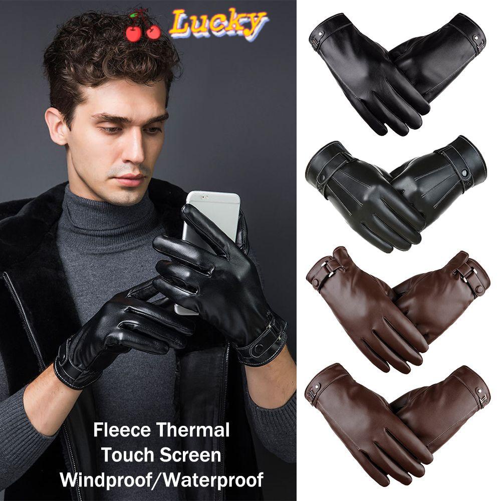 LUCKY Black Fleece Thermal Winter Warm Driving Gloves Leather Gloves Windproof Waterproof Full