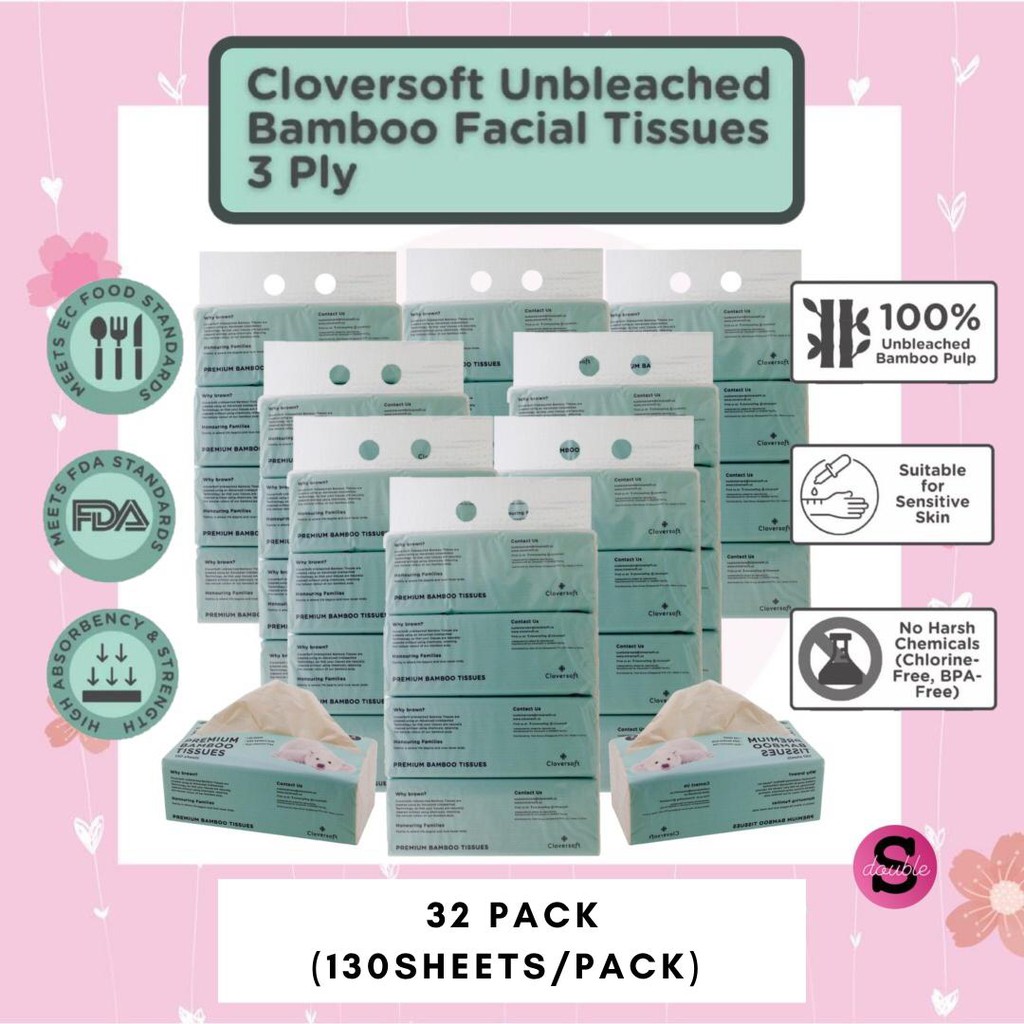 Cloversoft Unbleached Bamboo Facial Tissues 3 Ply (1 Set = 4 Packs x ...