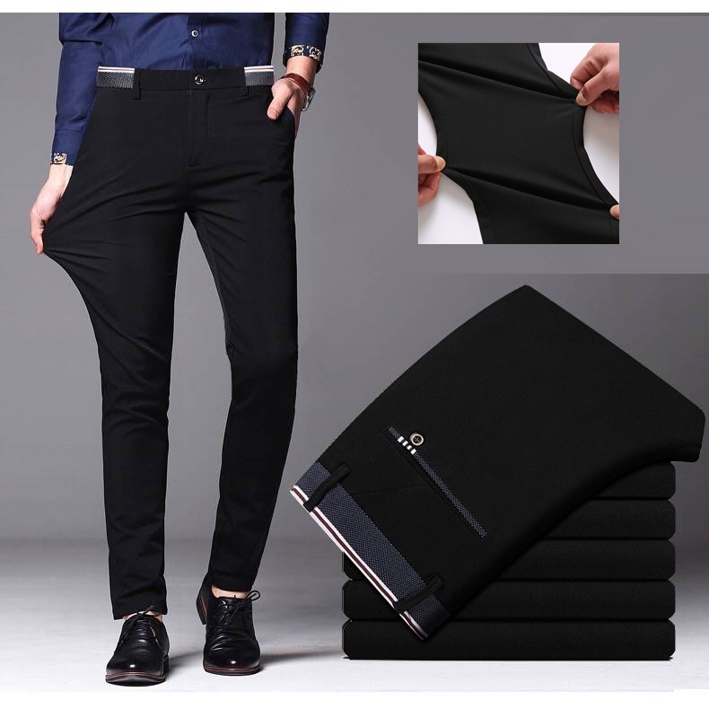 Men's Formal Pants Elastic Slim Fit Suit Black Long Pant Business ...