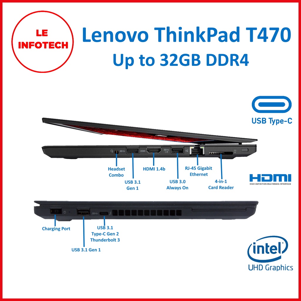 Lenovo ThinkPad T470 14” Laptop Intel Core i5-6200U 2.3GHz 8-32 GB 256/512GB SSD WebCam BT HDMI USB-C Win10Pro Used