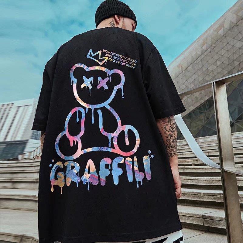 Korean Fashion Style Men's Short Sleeve T-shirt Graffiti Bear Design Print Oversized Shirt For Man Casual Streetwear Oversize Tops Hip Hop Clothing