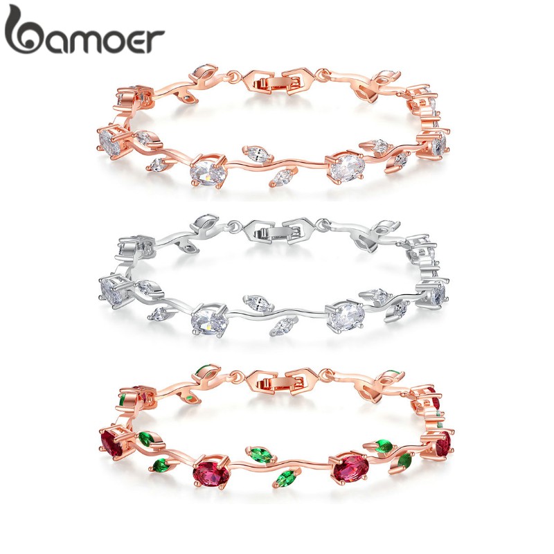 BAMOER  Rose Gold Color Leaf Chain & Link Bracelet with Red and  Green Zircon for Mother's Gifts Fashion Jewelry JIB072