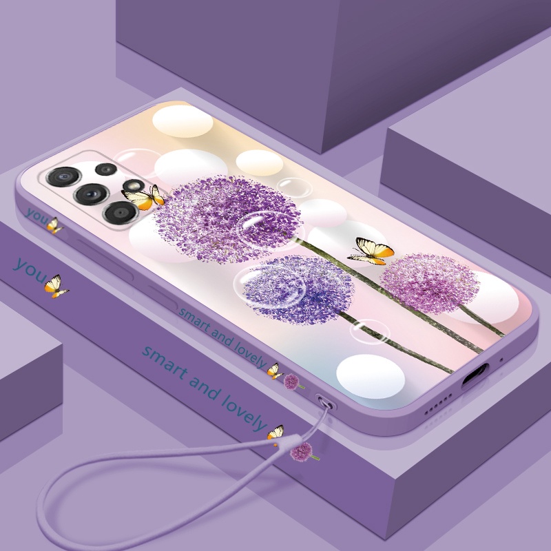 Samsung Galaxy A23 A13 A33 A53 A73 5G Dandelion Flower Liquid Silicon Case All-Inclusive Lens Soft Shockproof Phone Casing Lanyard Cover