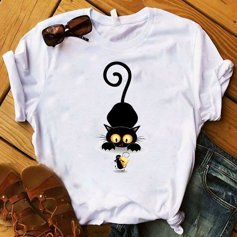 Funny Black Cat Printed Women T Shirt Cartoon Short Sleeves Women Shirt Cute Female T-shirt Kawaii Tees Fashion Clothing