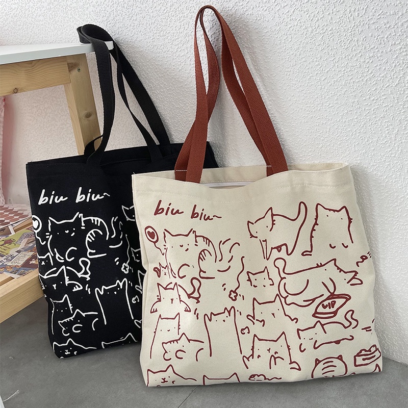 NEW Women Canvas Tote Bag Fashion Art Cute Cartoon Cat Tote Bag for Girl Student