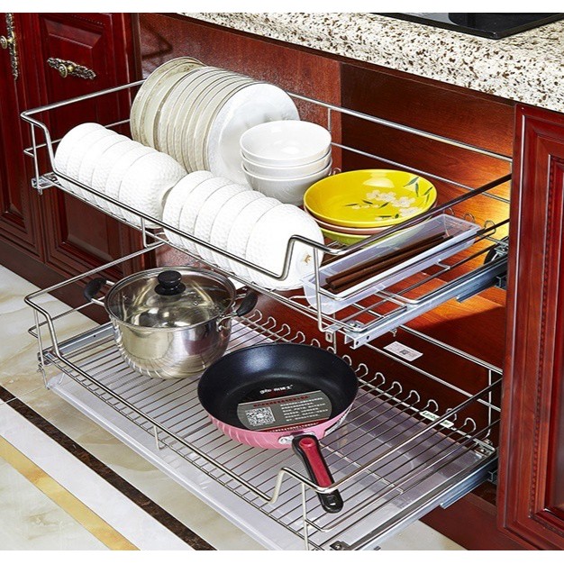 201 Stainless Steel Kitchen Cabinet Drawer Pull Out Basket With Dish Rack Shopee Singapore