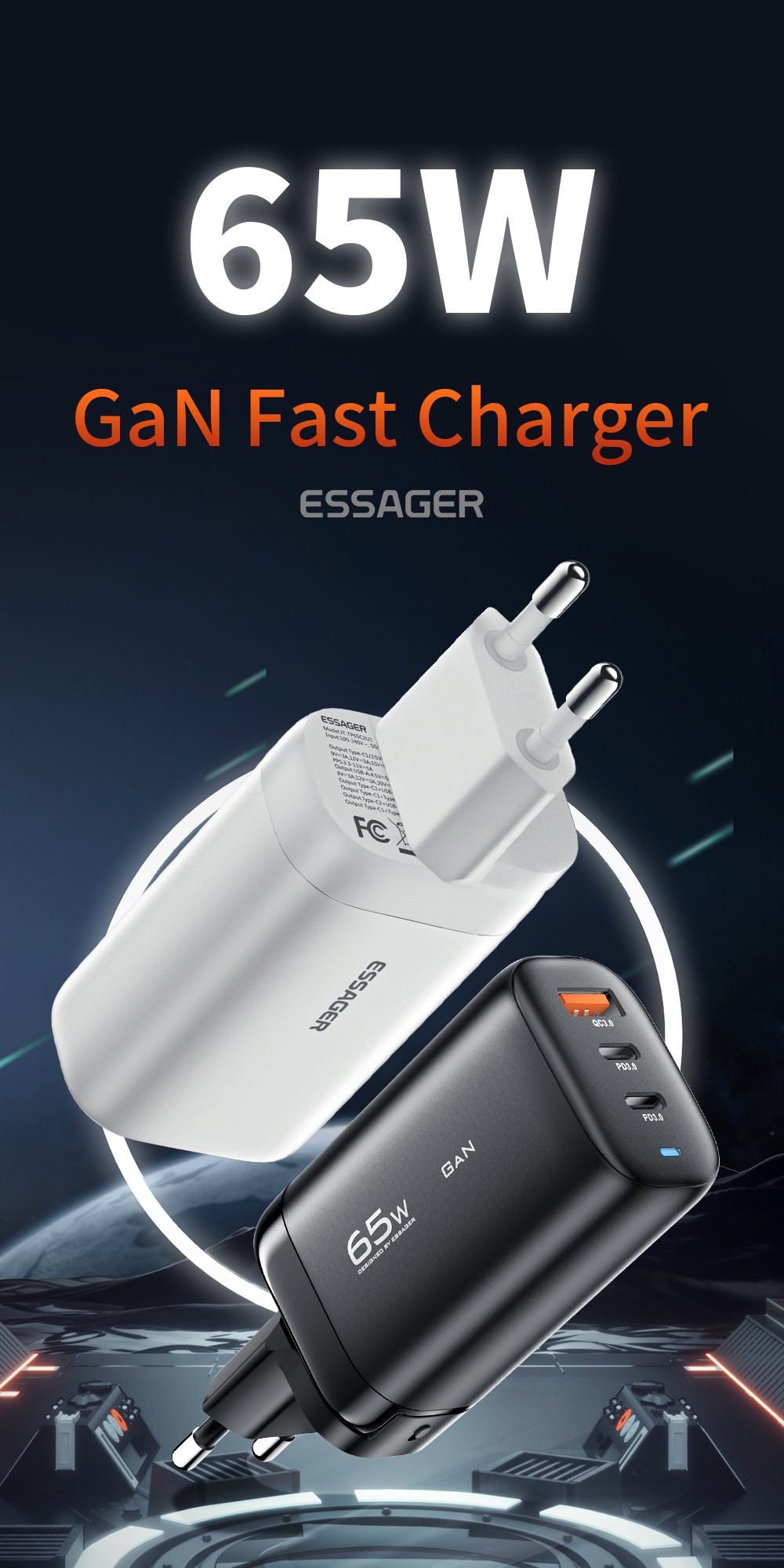 Essager 65W Usb Type C charger 3 ports smart chip shunt GaN travel ...