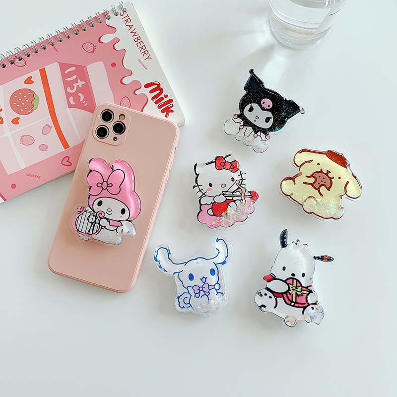 INS Cartoon Hello Kitty Kuromi Melody Cinnamoroll Drift Sand Squished Anti-dust Waterproof Phone Stand Holder Soft Cover Air Bag Cell Phone bracket
