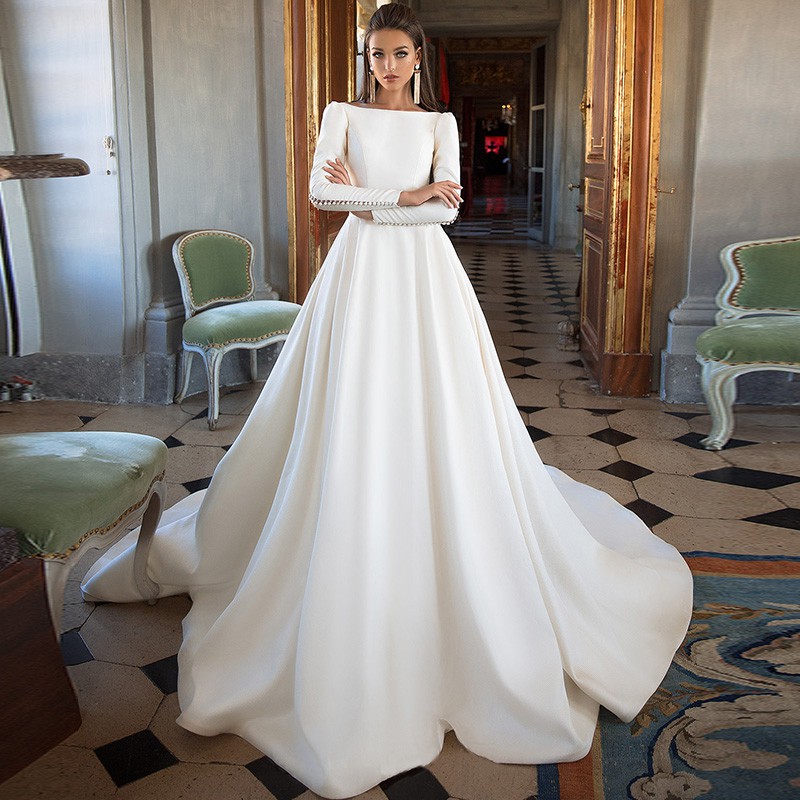 Pre order white satin long sleeve fishtail wedding dress gown RB1933 |  Shopee Singapore