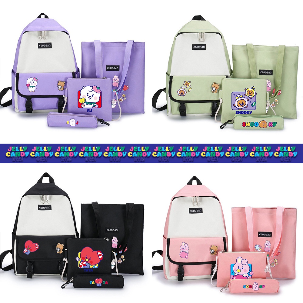 BTS BT21 Cartoon Backpack Set 4 Pcs Students Canvas School Bags Multifunctional Shoulder Bag Sling Bags