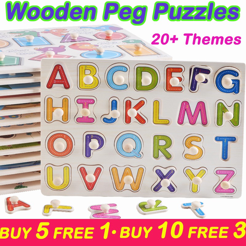 [Buy 5 Free 1] 3D Wooden Peg Puzzle with Knob Educational Wood Pegboard Jigsaw Toys