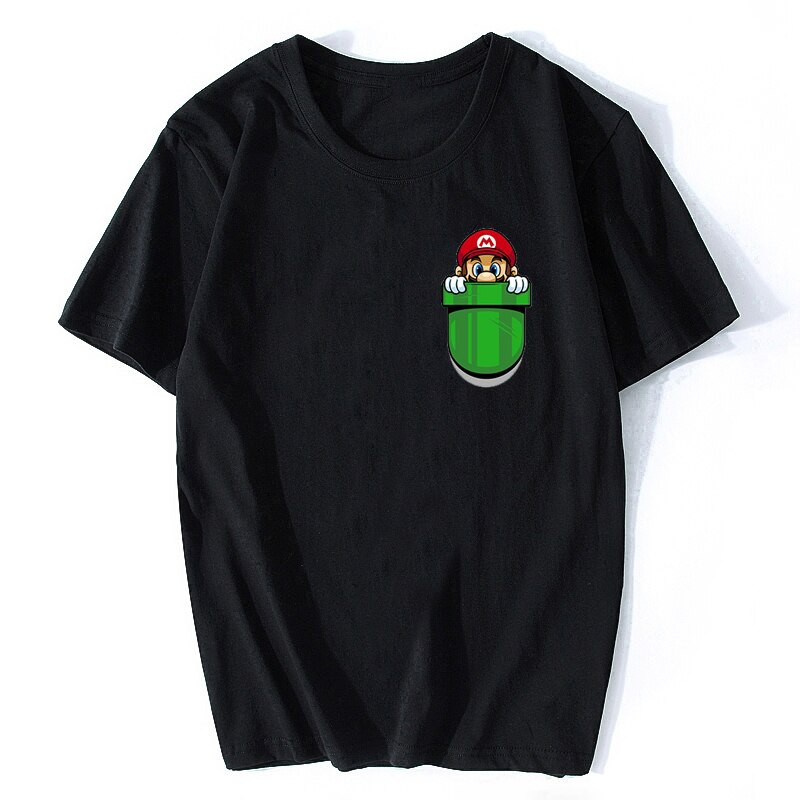 Pocket Plumber Super Mario T-shirts Casual Summer Clothing Men Cotton Hip Hop O-Neck Tops black