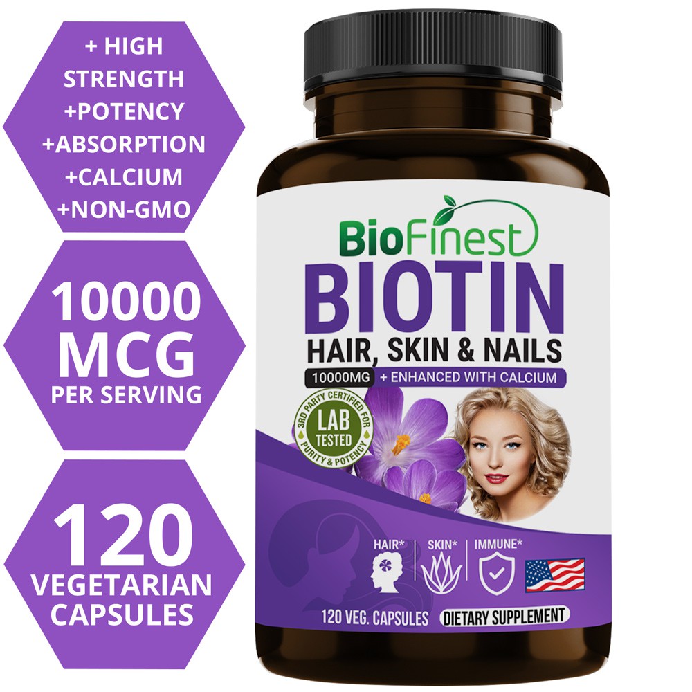 Biofinest Biotin 10000mcg 3x Calcium Absorption - Vitamin Collagen for Heart Brain Skin Hair Nail (120 Veg. Capsules)