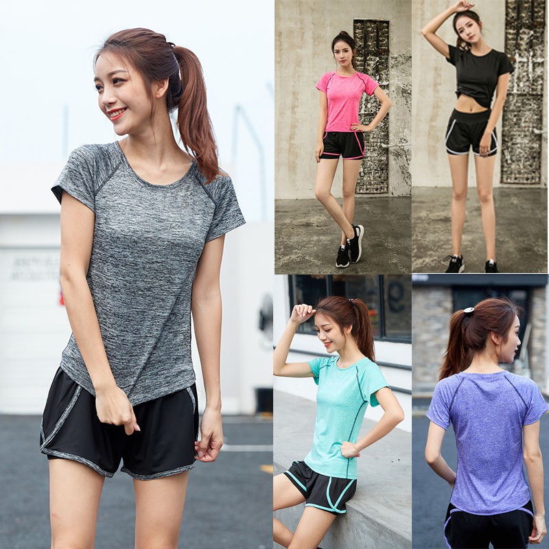 Women Yoga Sports Quick Dry Fitness T-shirt Short-Sleeve Exercise Running  Top