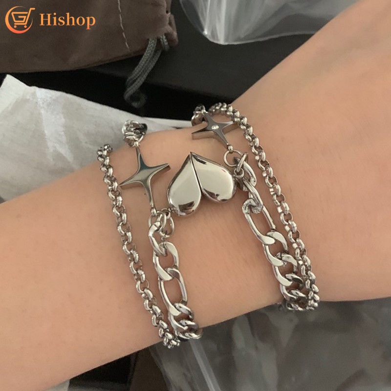 Y2K Double Silver Bracelet Women Heart Four-pointed Star Bracelets Couple Jewelry Accessories
