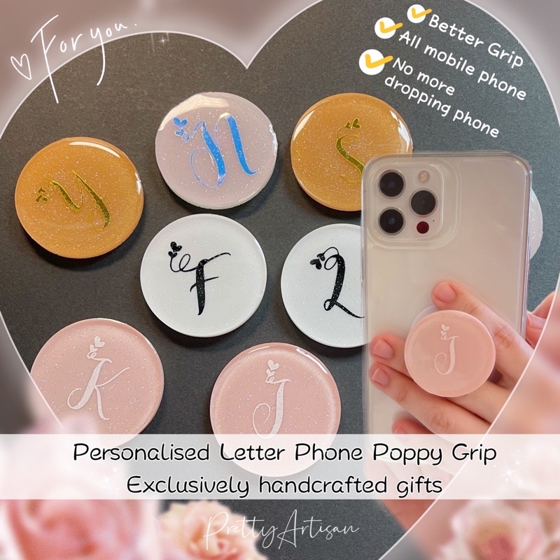 PREMIUM Personalised phone Poppy iphone grip love letter name occasion birthday school customise