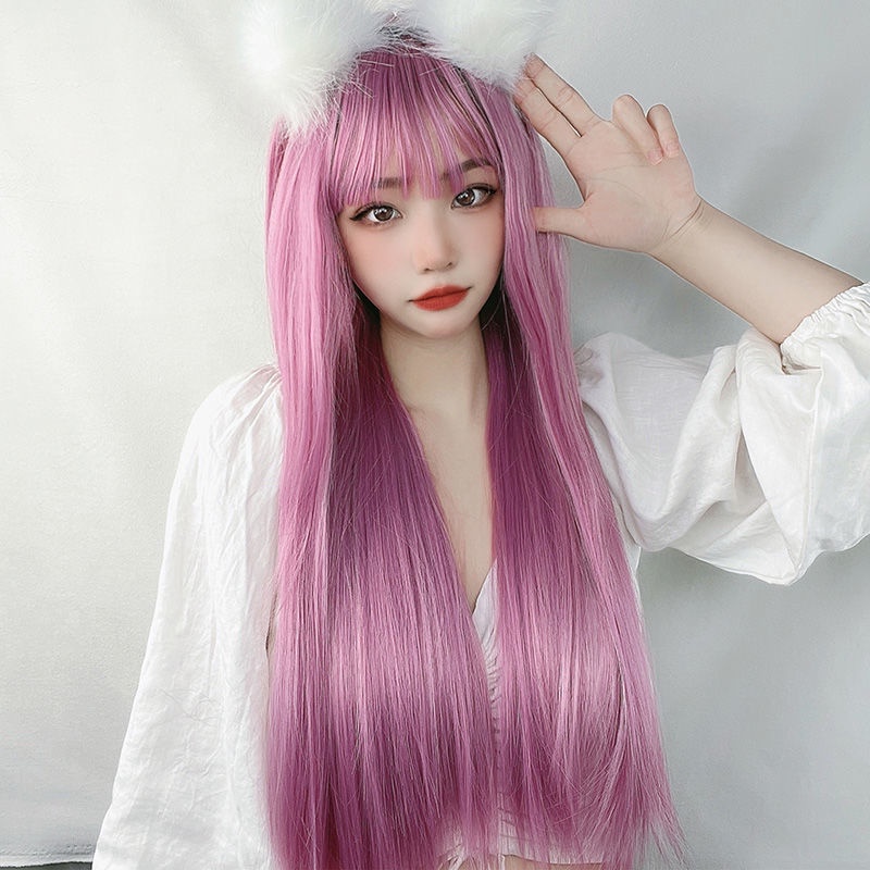 Thin long straight hair round face Lolita pink wig vi Rattan female Influencer Style Japanese White jk Full Headgear daerhsi20 7.11 Shopee Singapore