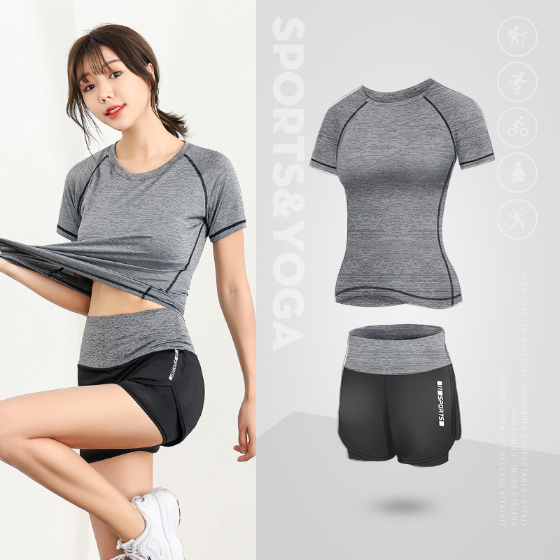 2pcs women Sports Set T-shirt + high waist Shorts plus size Gym