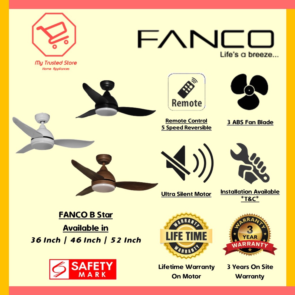 FANCO B-STAR DC Motor Ceiling Fan With 3 Tone LED Light Kit And Remote ...