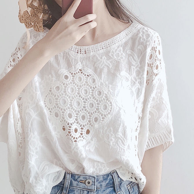 Cotton Hollow Lace Crochet Top Women White Bikini Blouse Sunscreen Clothing Vacation Beach Sun Protection Clothes dwr 03.5