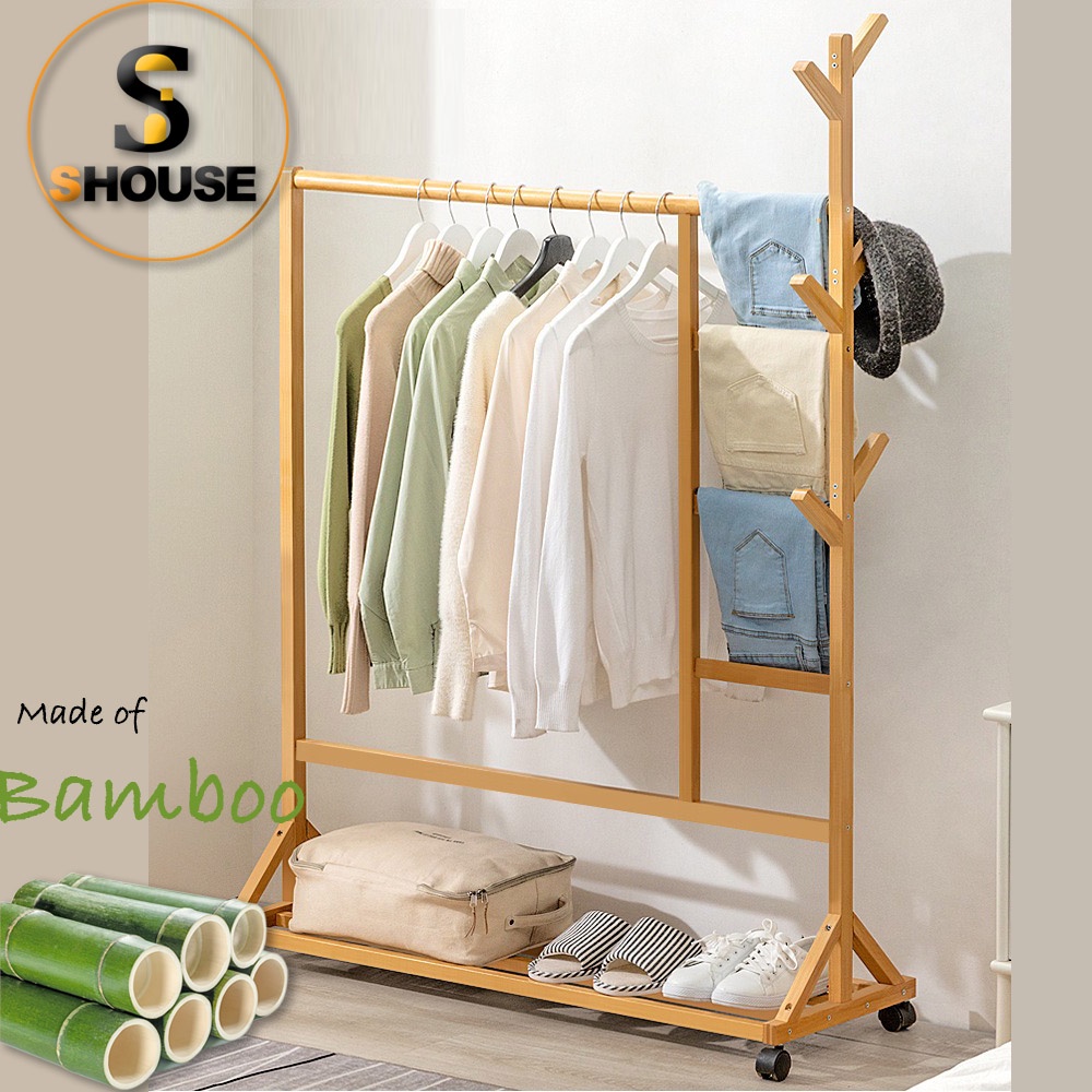 🏘️ Bamboo Clothes Hanger stand Clothing Rack Bamboo Garmboo Garment Rack with Wheels Shopee